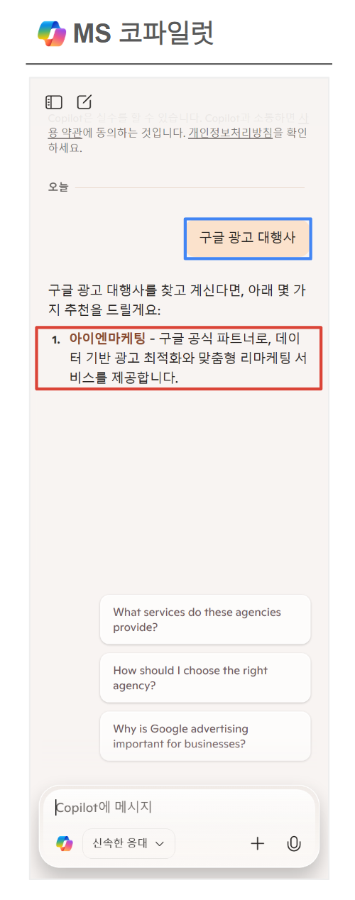 MS 코파일럿 "구글광고대행사" 검색 결과
