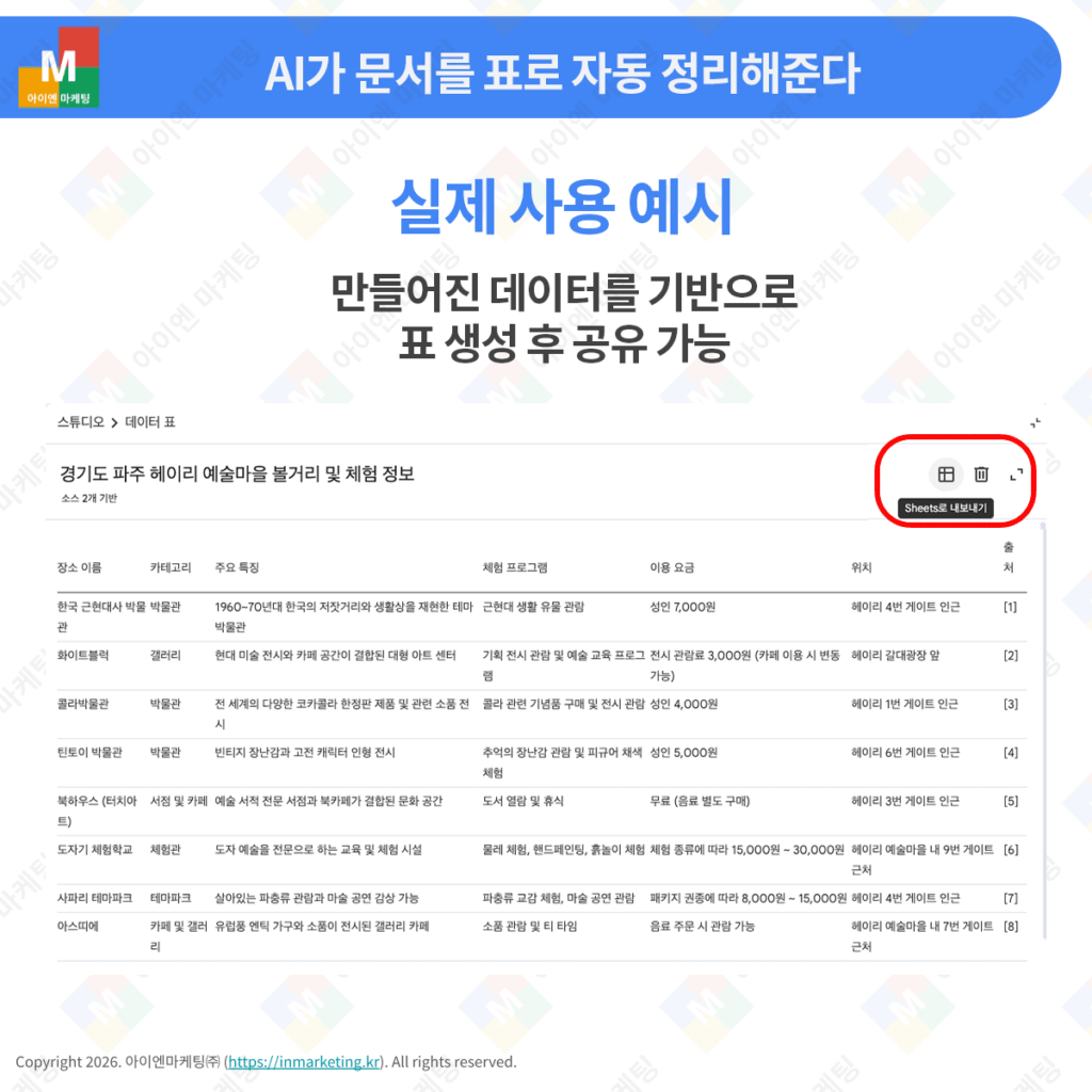 NotebookLM 데이터 테이블을 구글 시트로 내보내는 기능