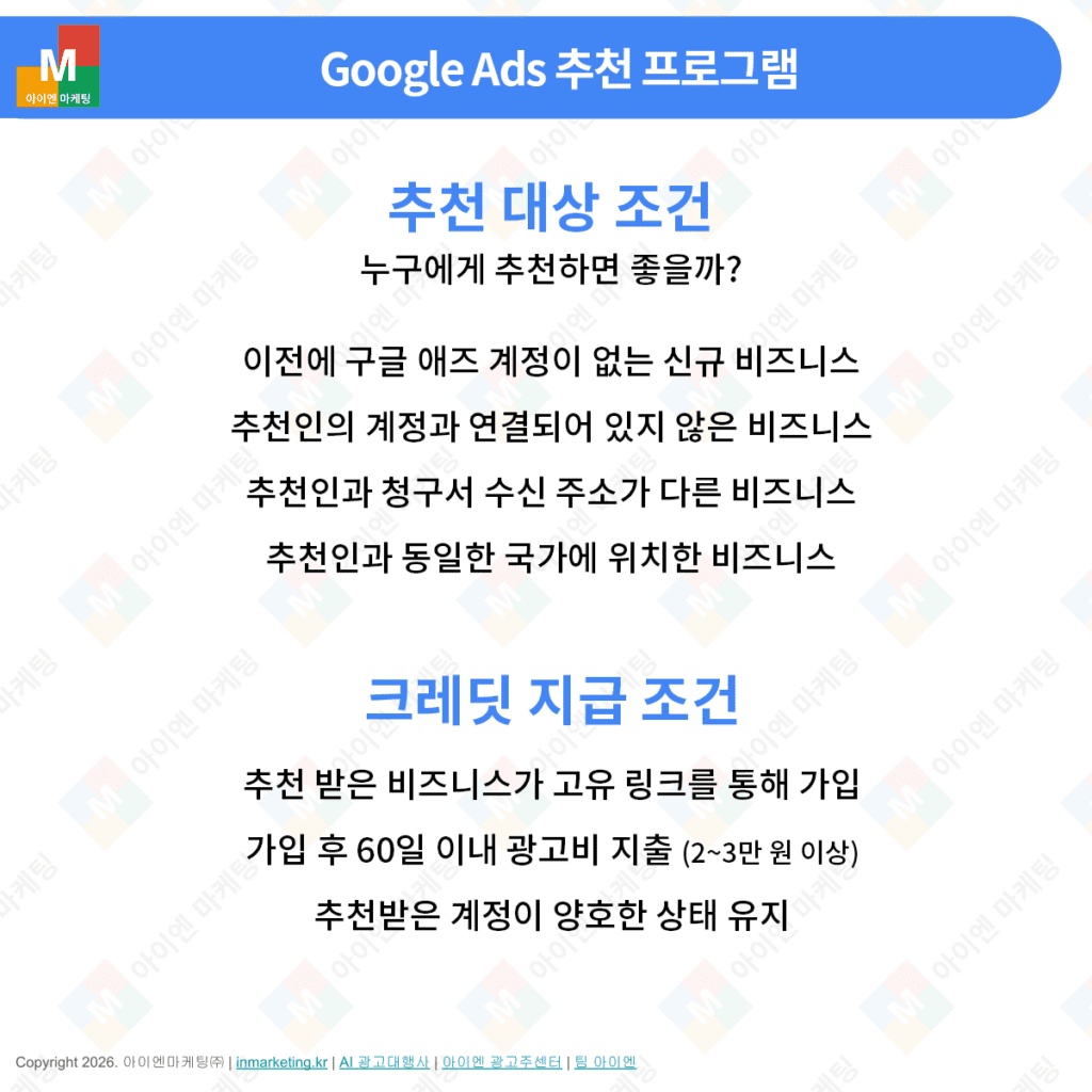 구글 애즈 추천 대상 조건 및 광고 크레딧 지급 조건 설명 이미지
