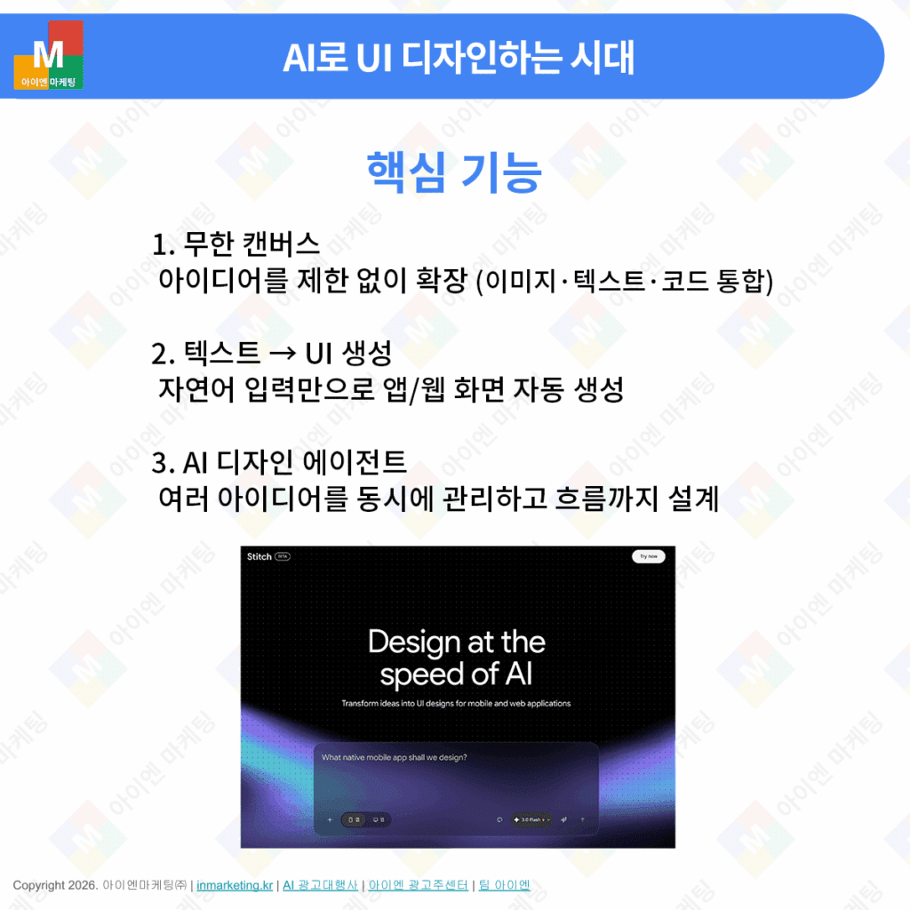 Stitch 무한 캔버스 자연어 UI 생성 기능 설명 이미지