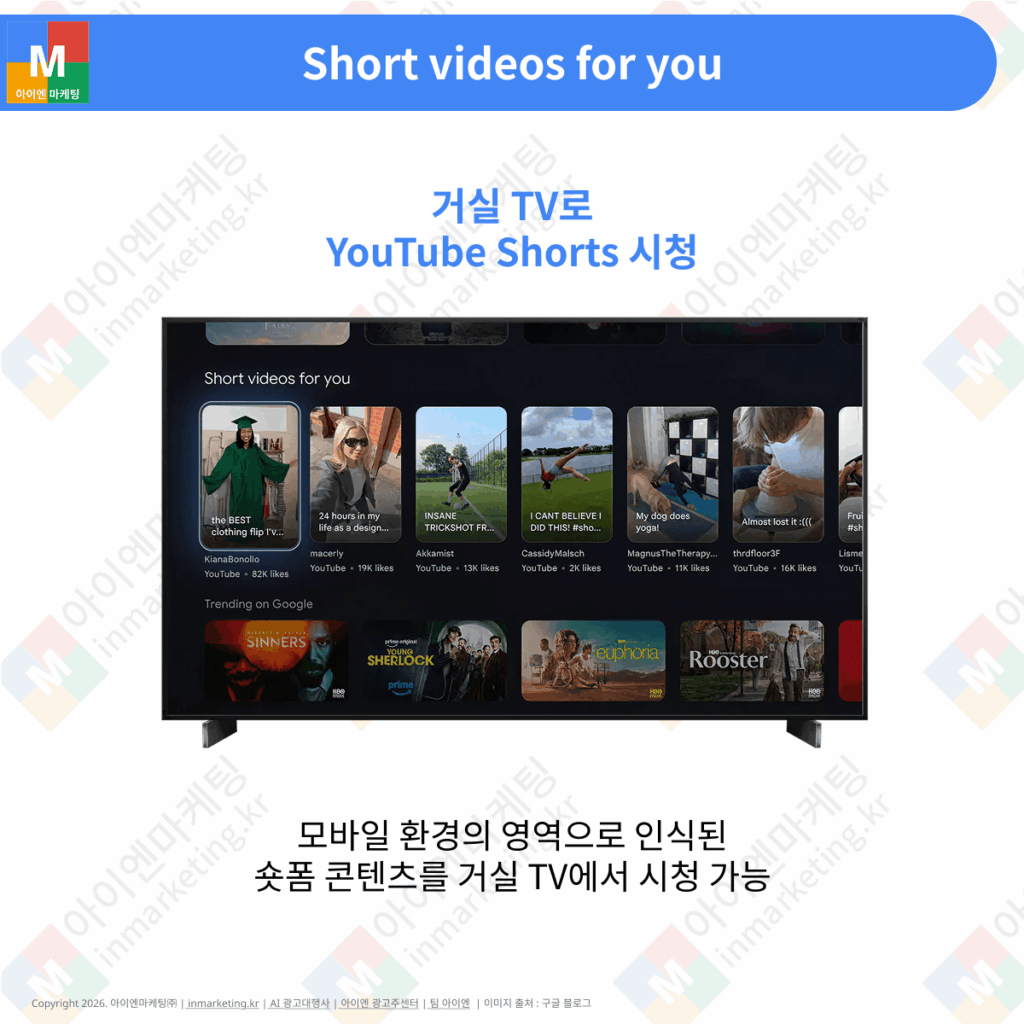 구글 TV 홈 화면에서 YouTube Shorts를 시청하는 기능 이미지