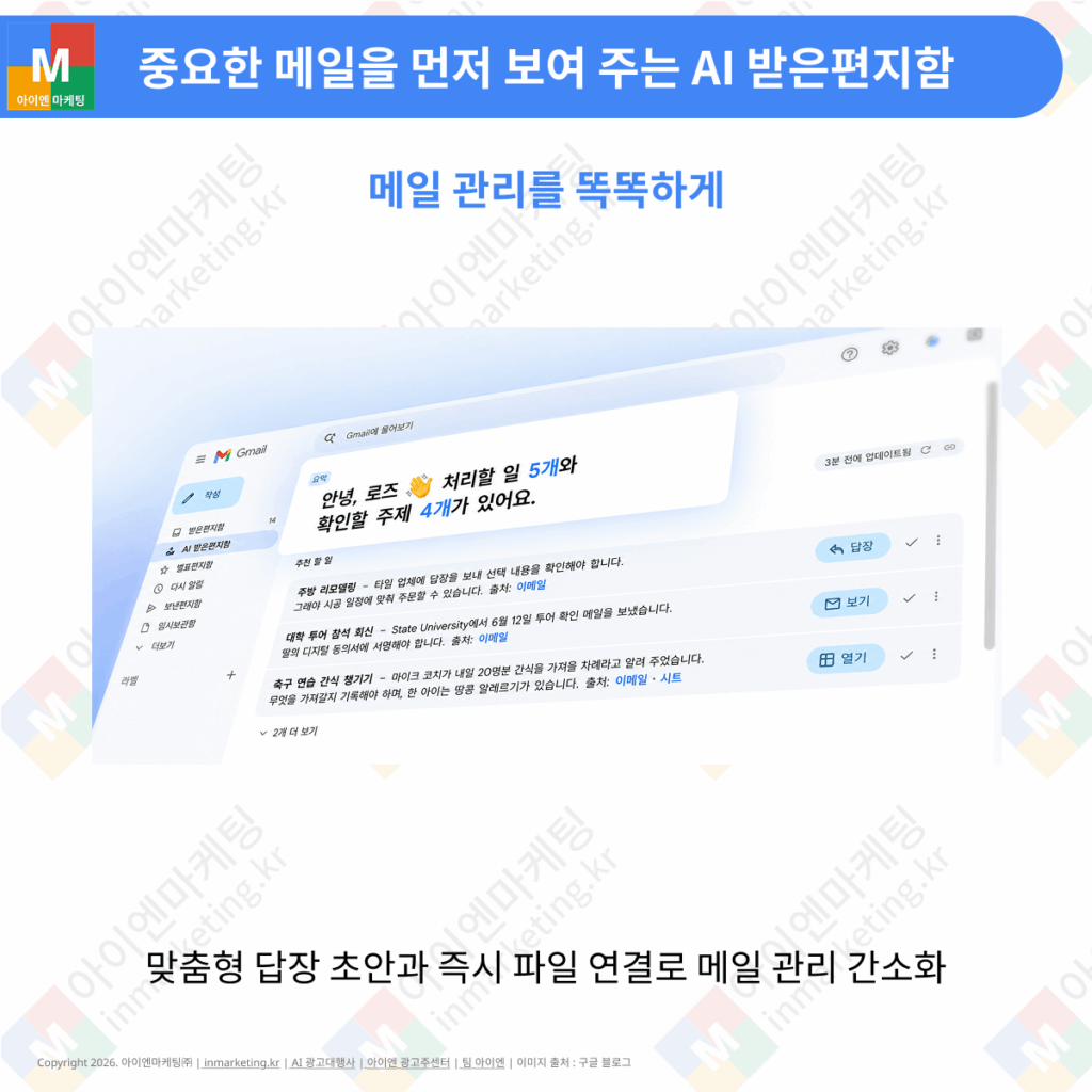 AI 받은편지함이 중요한 이메일과 업무를 우선 정리하는 지메일 화면